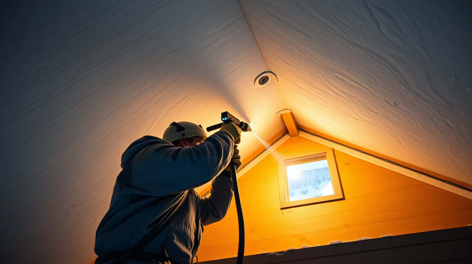 Technician spray-applying closed-cell spray foam insulation into an attic roof deck in Flagstaff, Arizona